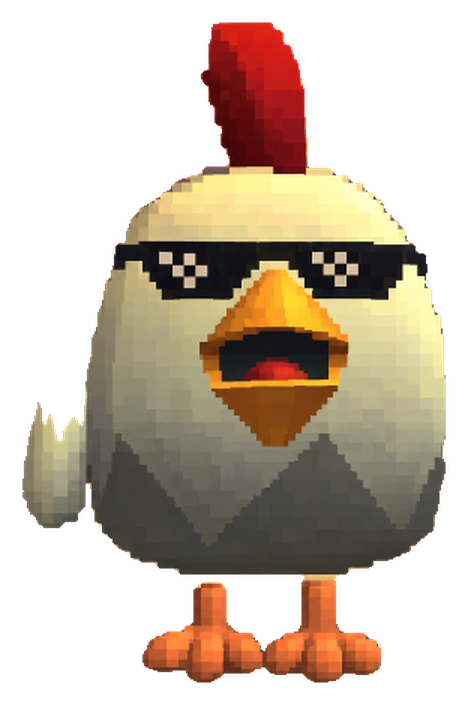 Cluck Shades, a white pixel chicken with a red comb, black pixel sunglasses and an open orange beak